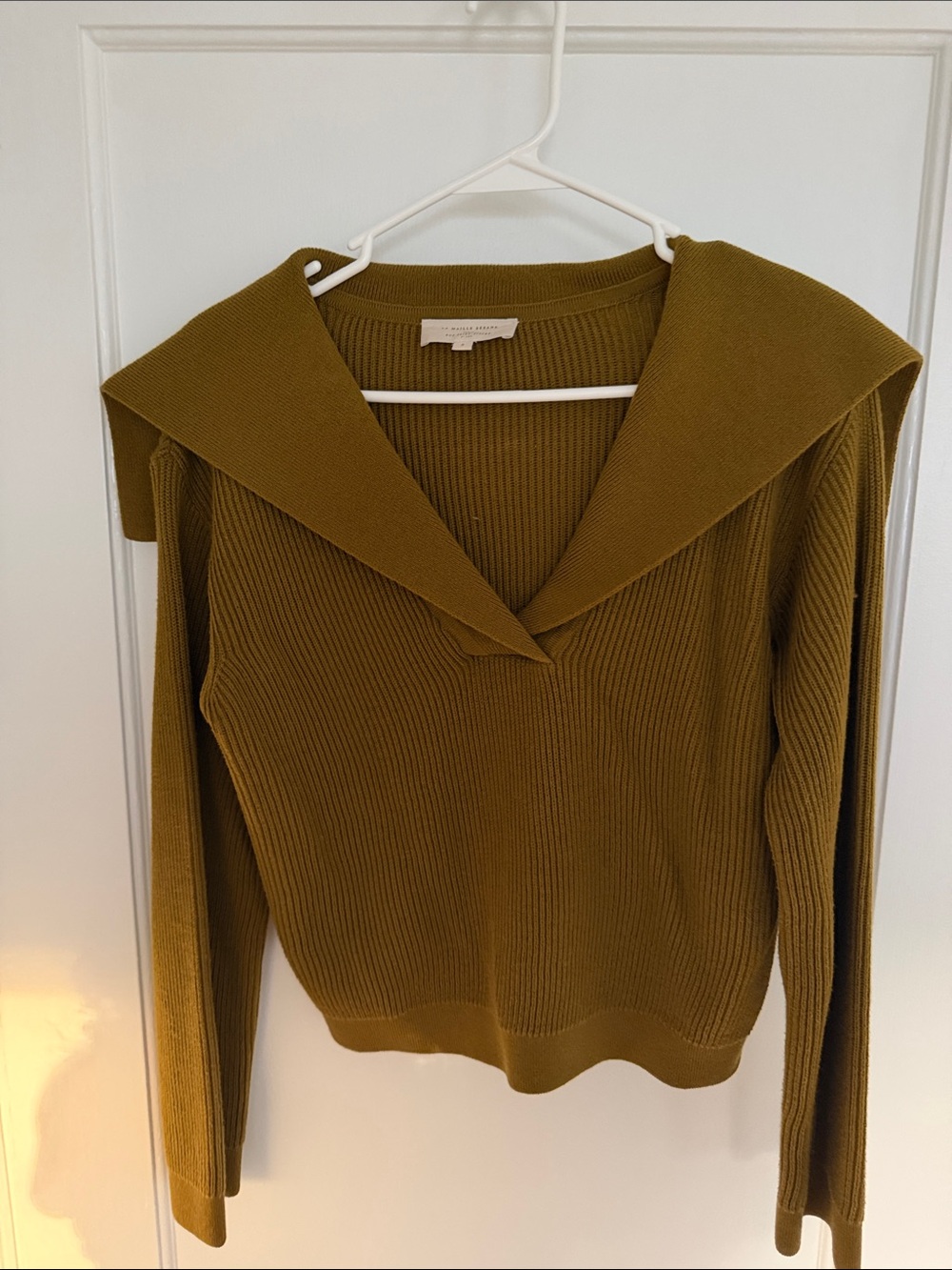 Sezane Olive Green Ribbed Sailor Collar Sweater